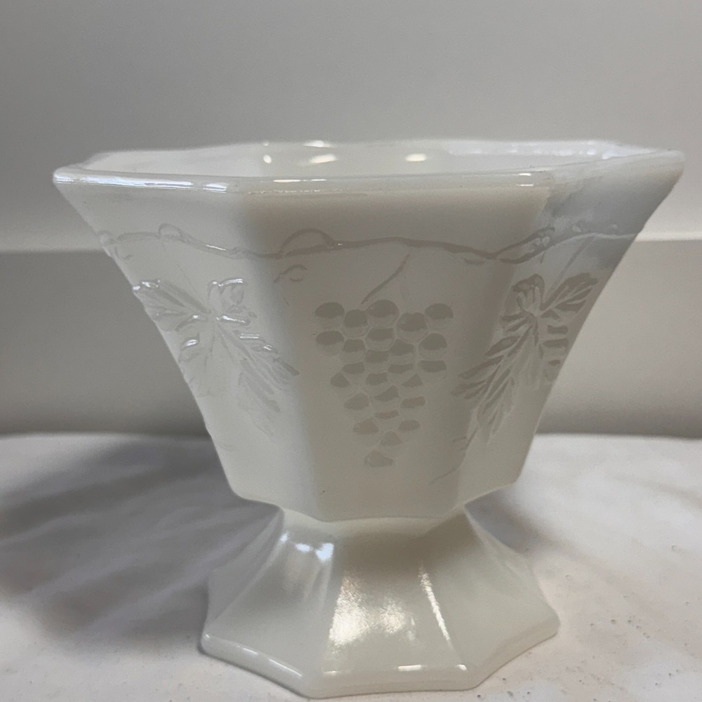 White Milk Glass Paneled Grapes & Leaves Bowl Footed Compote Leaf